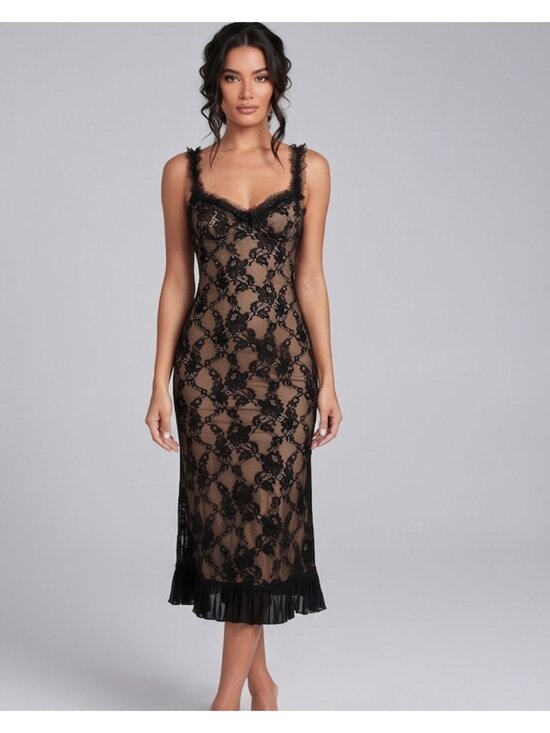 By Design Dresses & Skirts - Lace Overlay Midi Dress with Ruffle Hem and Scalloped Trim Black